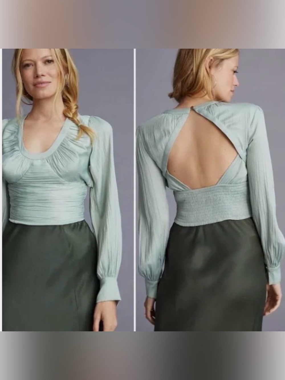 Nwt Maeve Open-Back Long-Sleeve Ruched Waist blouse - Mint Green